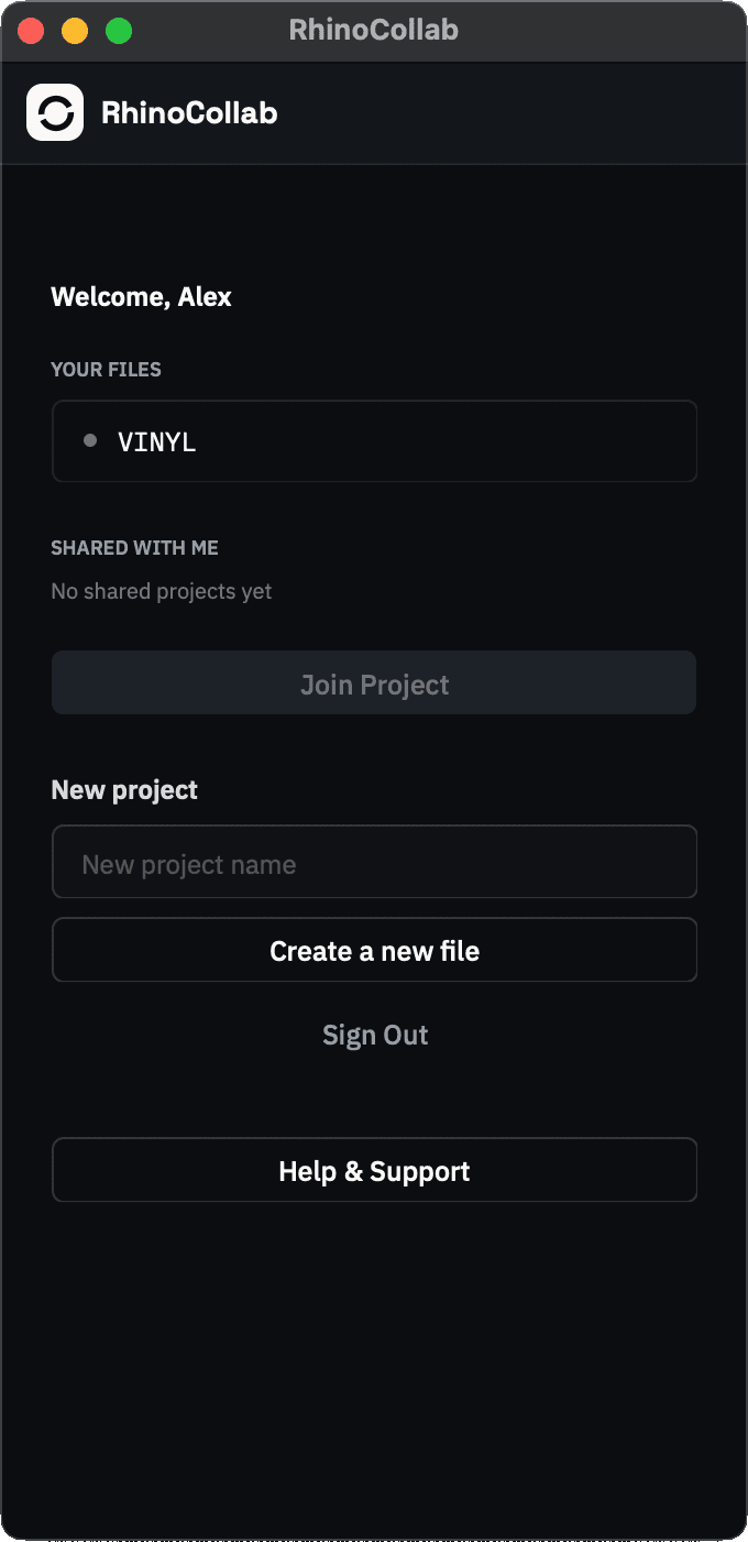 The RhinoCollab window before joining: your files, shared with me, and a field for a new project
