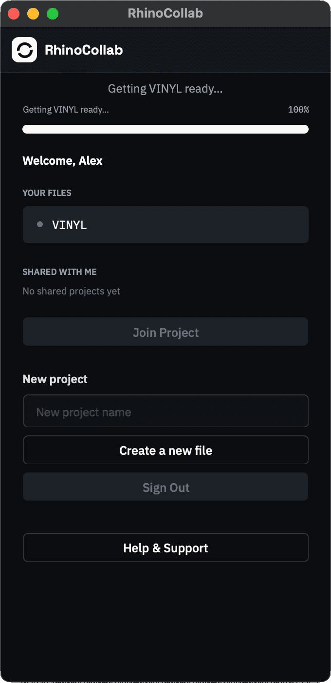 The RhinoCollab window while joining: a progress bar reading Getting VINYL ready at 100 percent